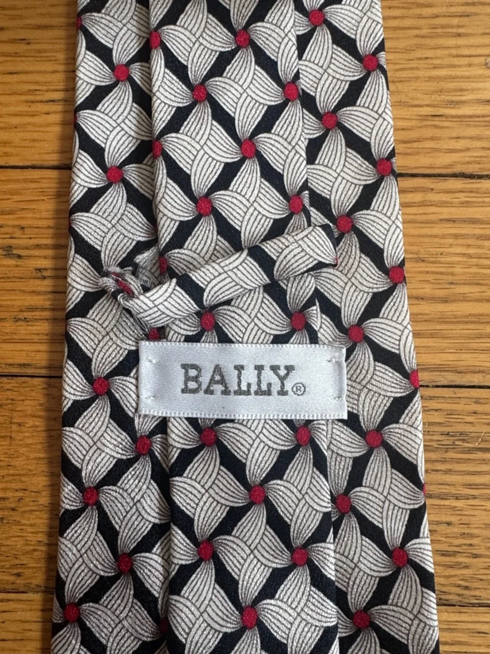 Bally Geometric Silk Tie in Black, White & Red Dot Accents